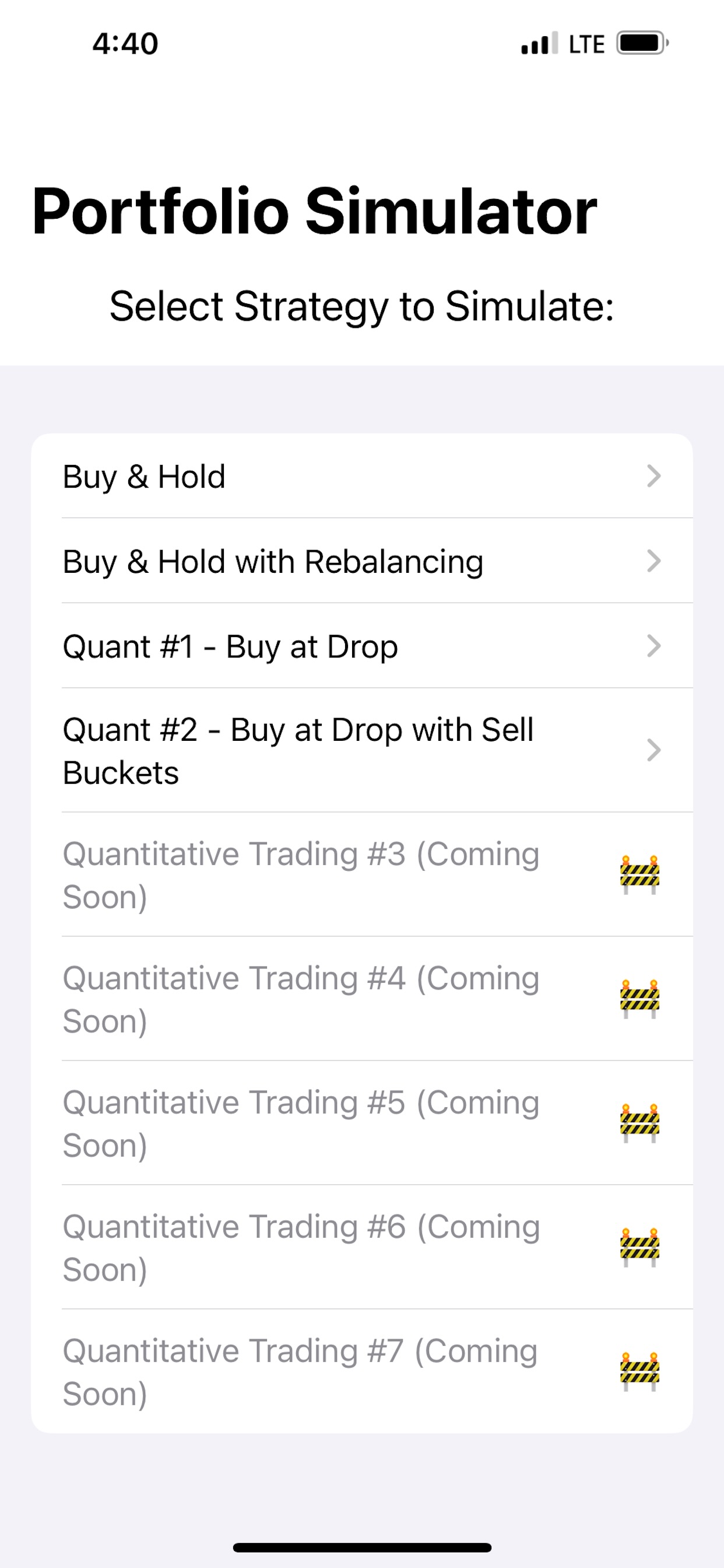 Portfolio construction screen